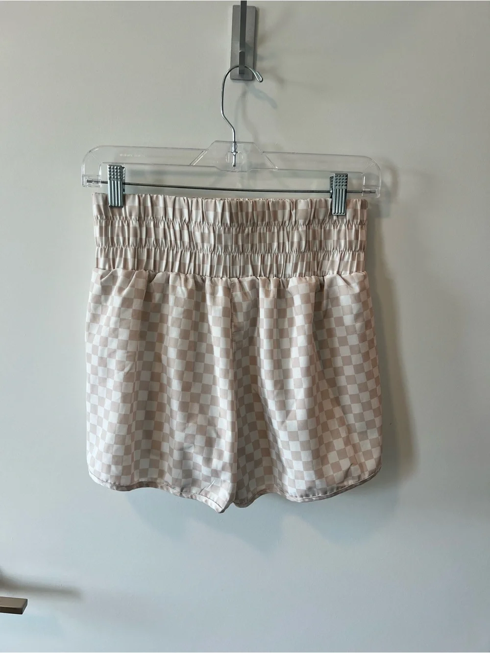 Pink Lily Cream Checkered Satin Athletic Shorts